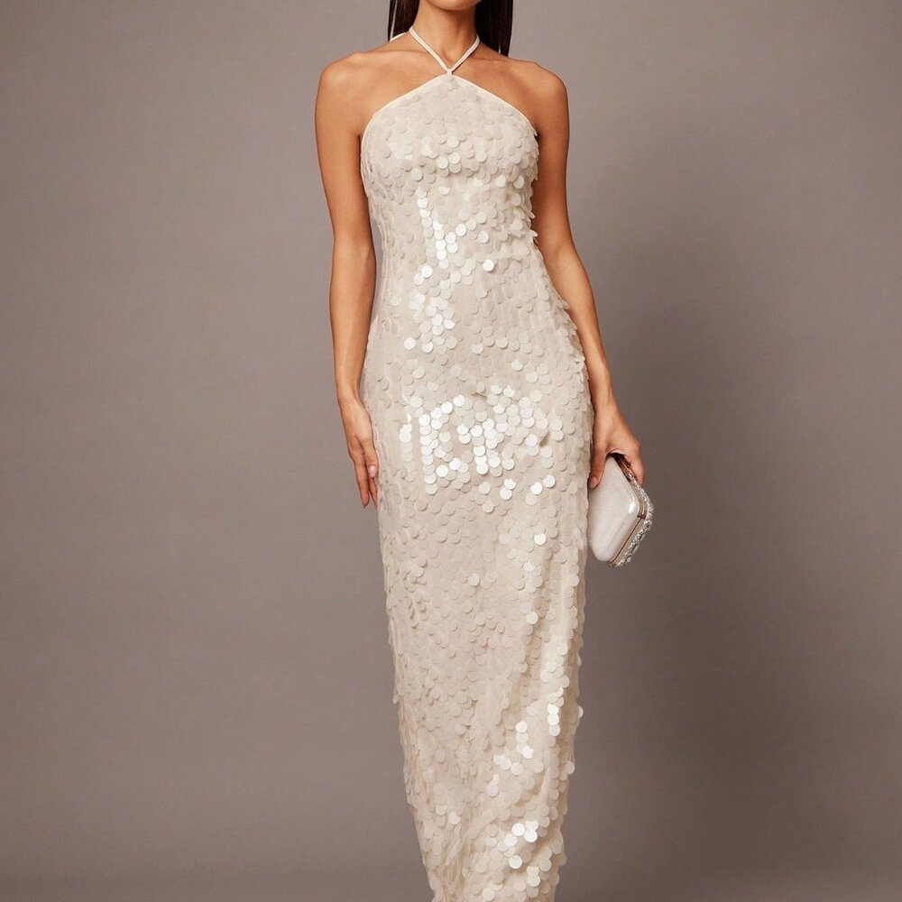 White Sequin Spaghetti Strap Women's Cocktail Dress